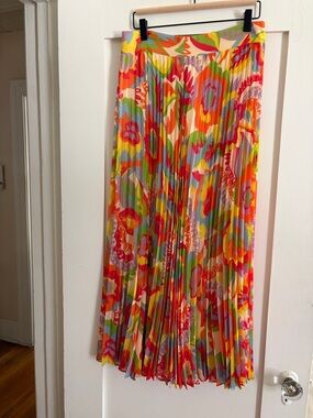 Sezane Pleated Midi Skirt in Yellow, Pink, Red & Green Floral